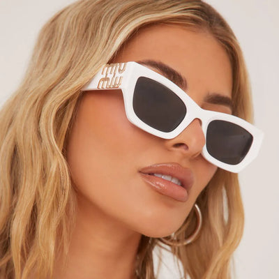 Side Logo Detail Cateye Square Shape Sunglasses In White